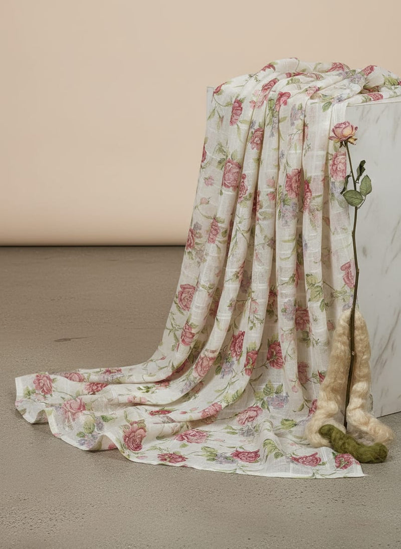 Gorgeous Linen Fabric in Pink Floral and Leaves Print