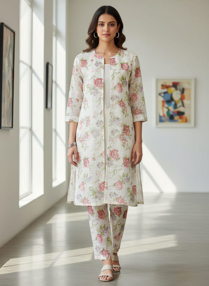Gorgeous Linen Fabric in Pink Floral and Leaves Print