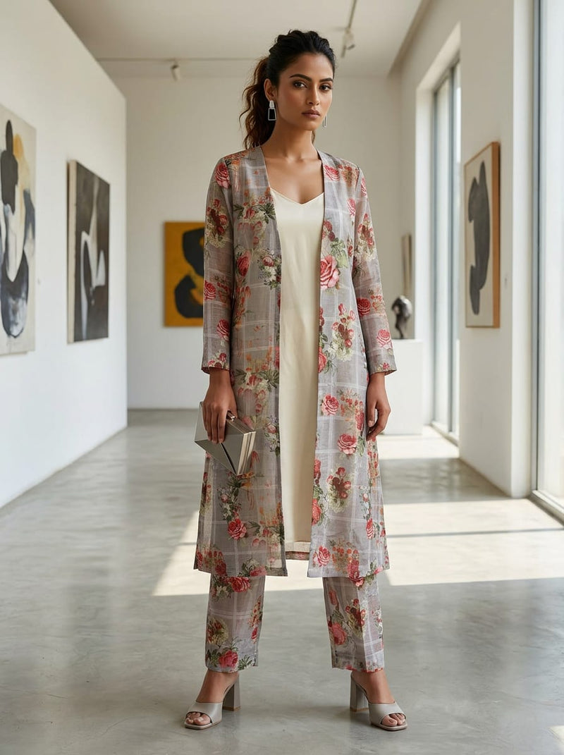 Grey Vintage Rose Floral Checkered Linen Digital Printed Fabric