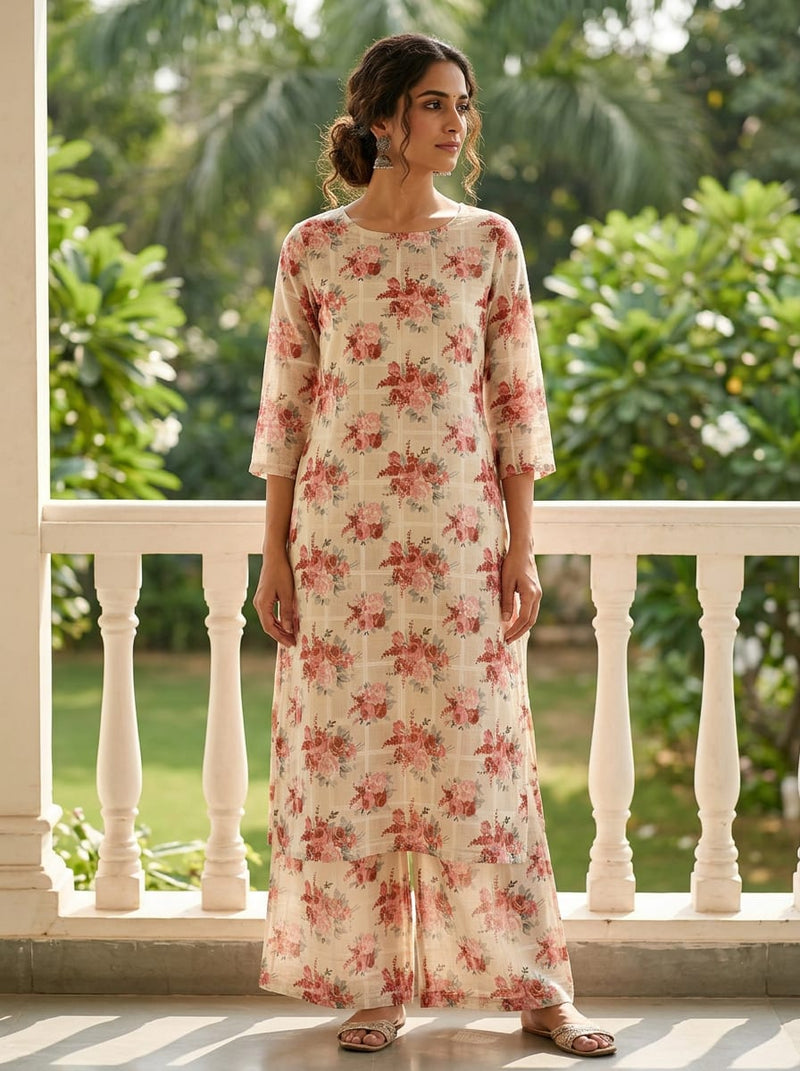 Cream Vintage Rose Bouquet Check Linen Digital Printed Fabric