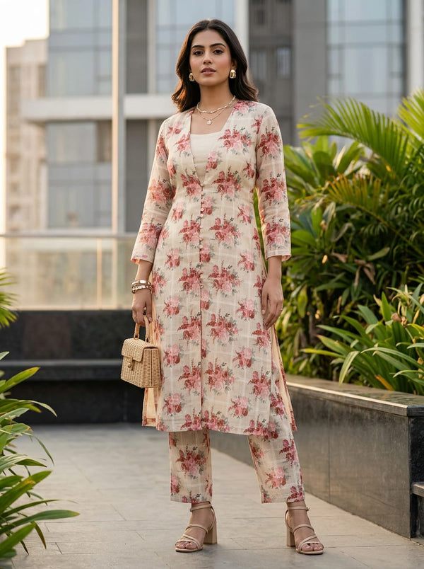 Cream Vintage Rose Bouquet Check Linen Digital Printed Fabric - Jacket Kurta with Straight Pants Lookbook - POLI-CH-MA022471-110 - alternate view