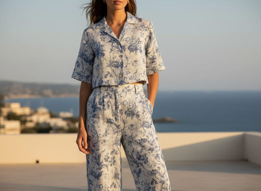 Gorgeous Linen Fabric Awash in Blue and Cream with Enchanting Floral and Leaves Print