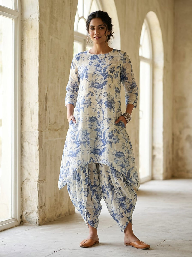 Blue Vintage Floral on Checkered Base Linen Digital Printed Fabric