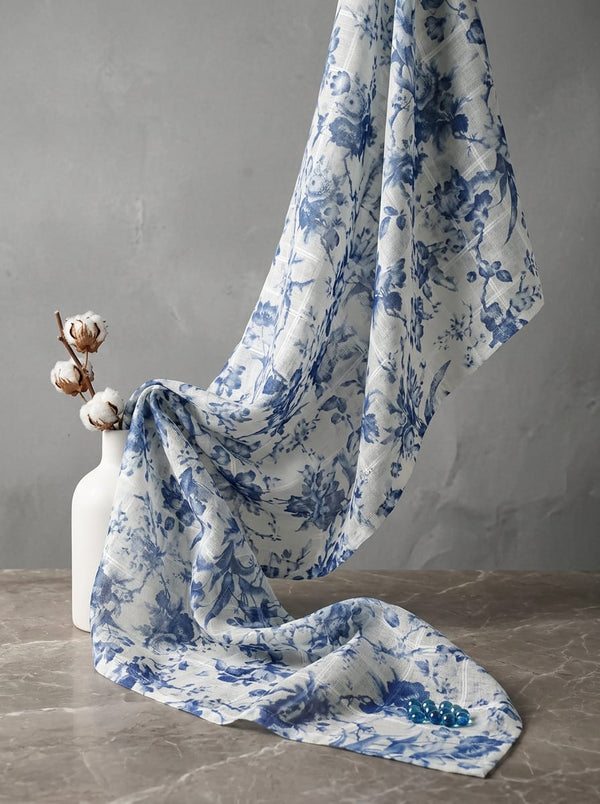 Blue Vintage Floral on Checkered Base Linen Digital Printed Fabric - Fabric Editorial Studio Flatlay Lookbook - POLI-CH-PA7134-110