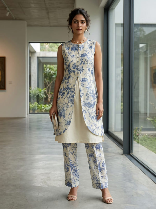 Blue Vintage Floral on Checkered Base Linen Digital Printed Fabric - Jacket Kurta with Straight Pants Lookbook - POLI-CH-PA7134-110 - alternate view
