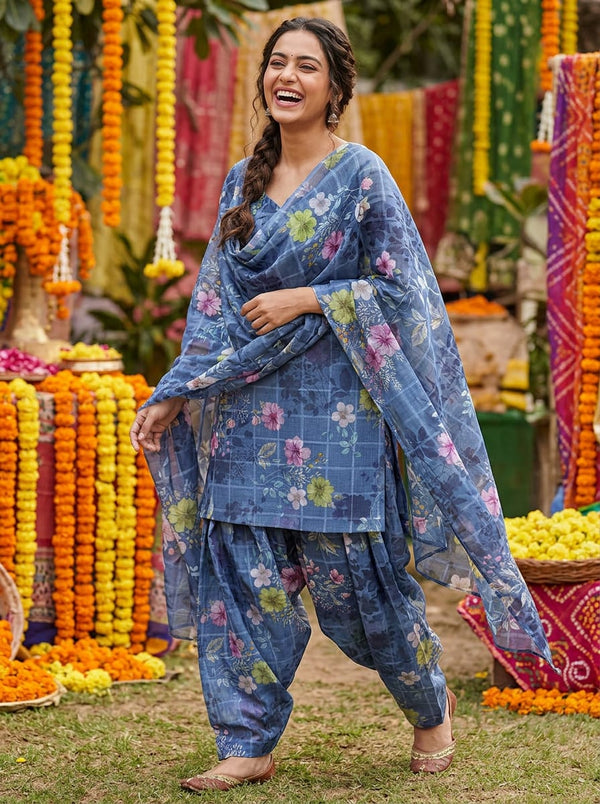 Blue Garden Floral on Checkered Pattern Linen Digital Printed Fabric - Patiala Salwar Set Lookbook - POLI-CH-PA10057-110 - alternate view
