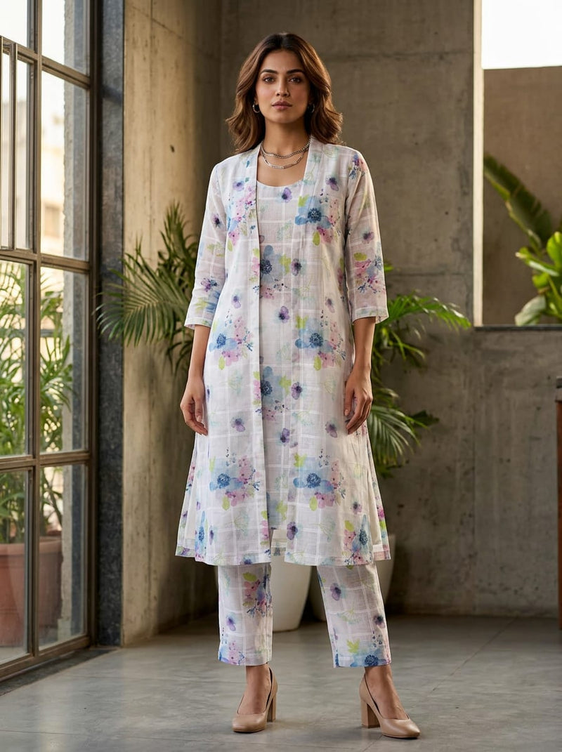 Multicolor Watercolor Floral on Checkered Base Linen Digital Printed Fabric