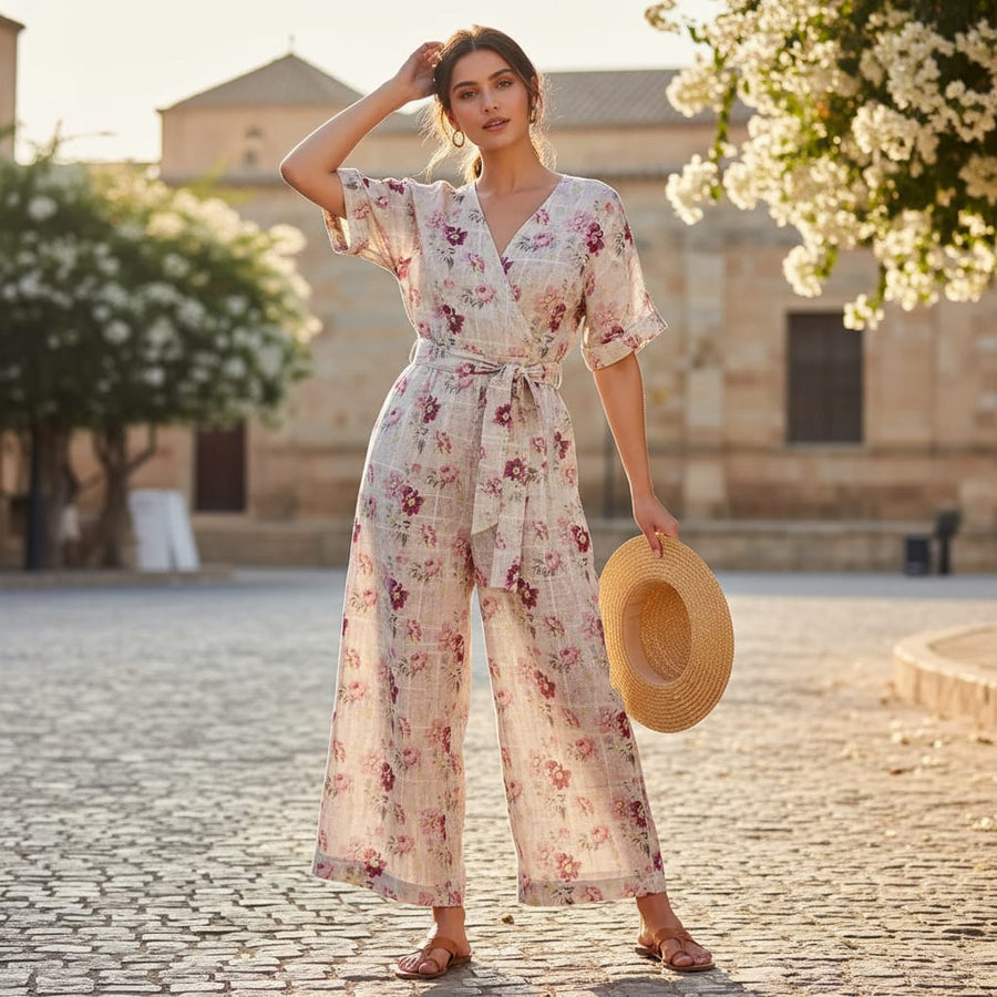 Captivating Linen Fabric Adorned with Wine and Pink Floral Design