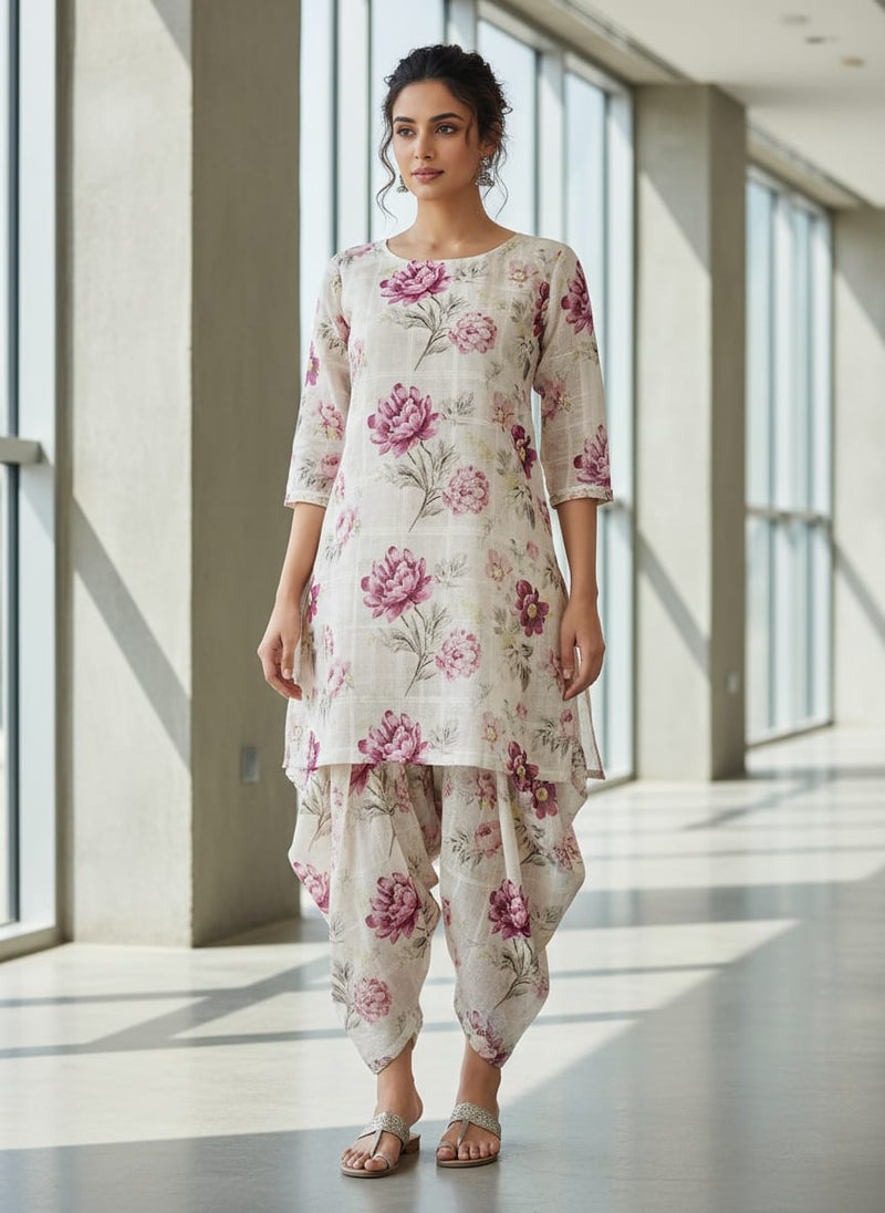 Captivating Linen Fabric Adorned with Wine and Pink Floral Design