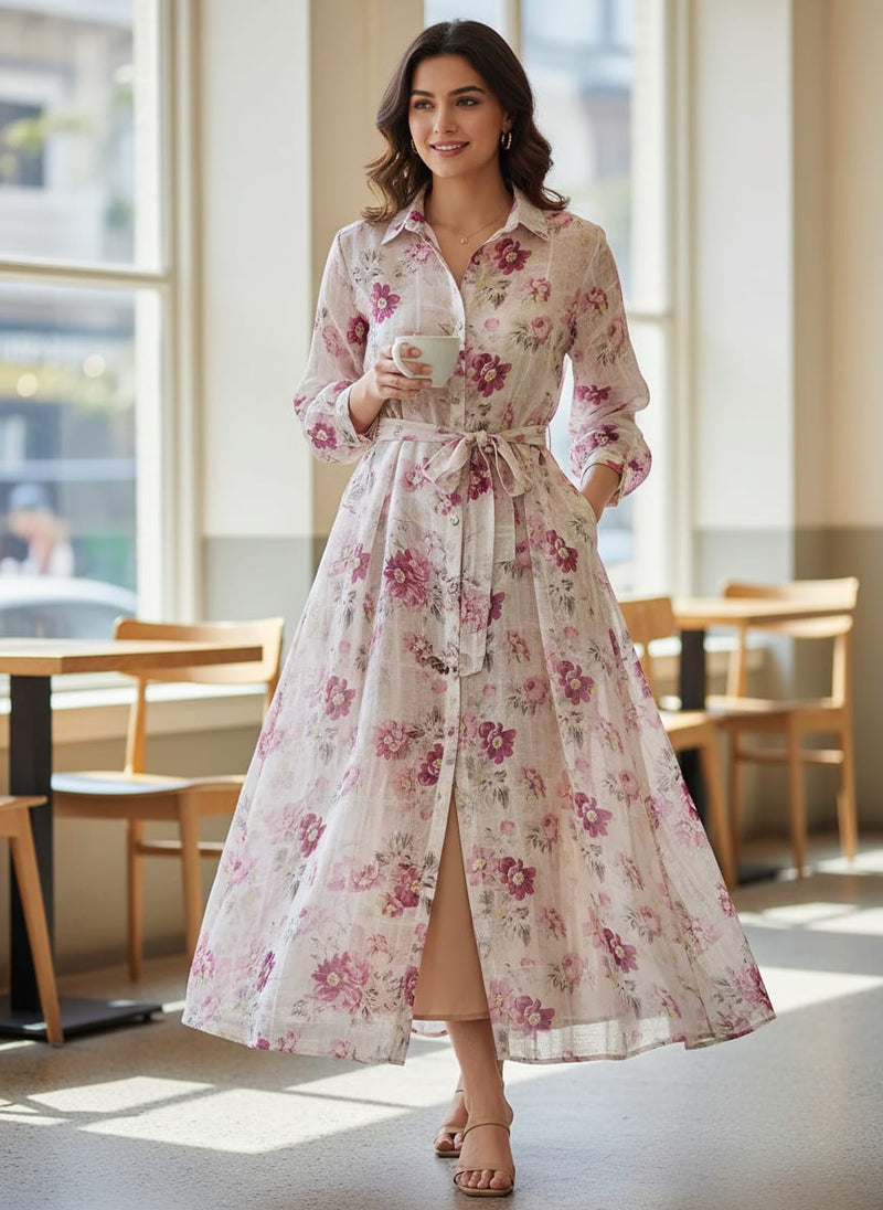 Captivating Linen Fabric Adorned with Wine and Pink Floral Design