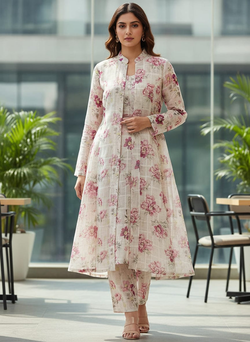Captivating Linen Fabric Adorned with Wine and Pink Floral Design