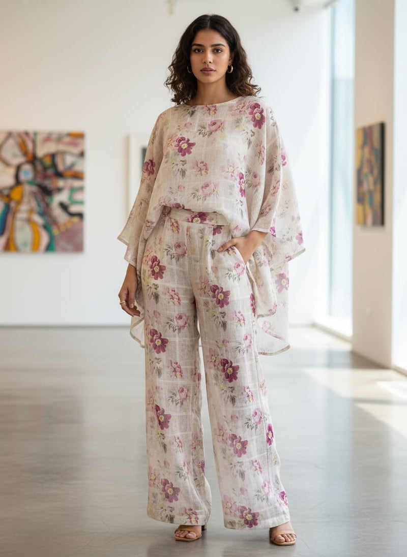 Captivating Linen Fabric Adorned with Wine and Pink Floral Design