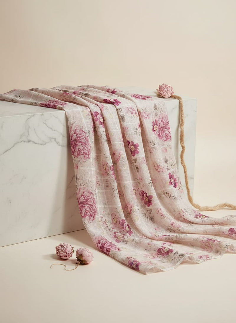 Captivating Linen Fabric Adorned with Wine and Pink Floral Design