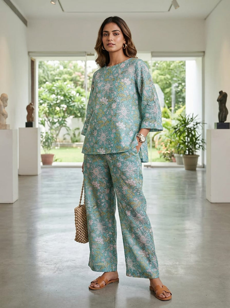 Teal Ethnic Floral Jaal Linen Digital Printed Fabric