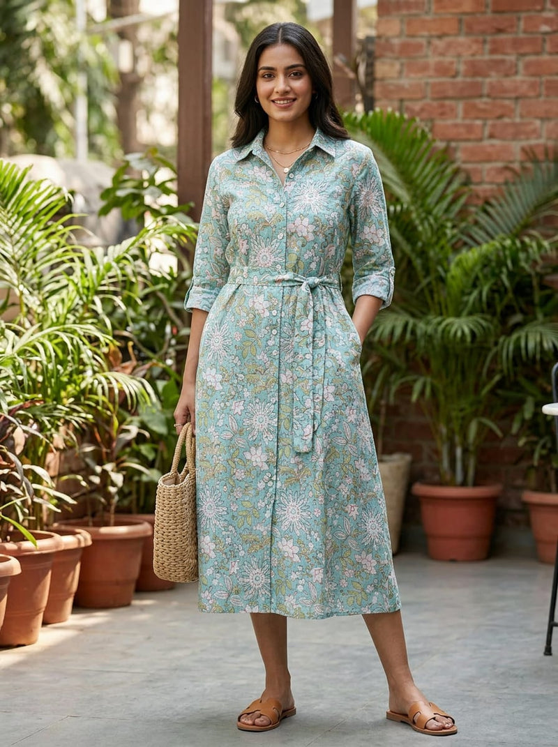 Teal Ethnic Floral Jaal Linen Digital Printed Fabric