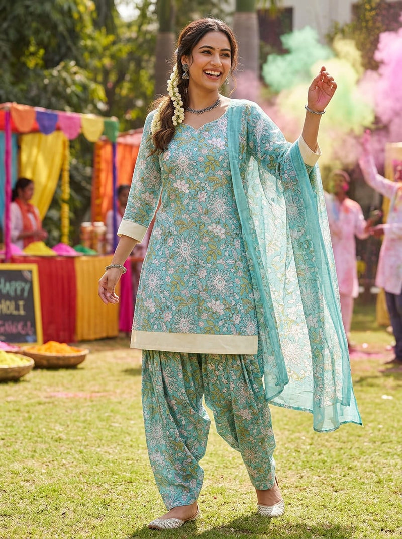 Teal Ethnic Floral Jaal Linen Digital Printed Fabric