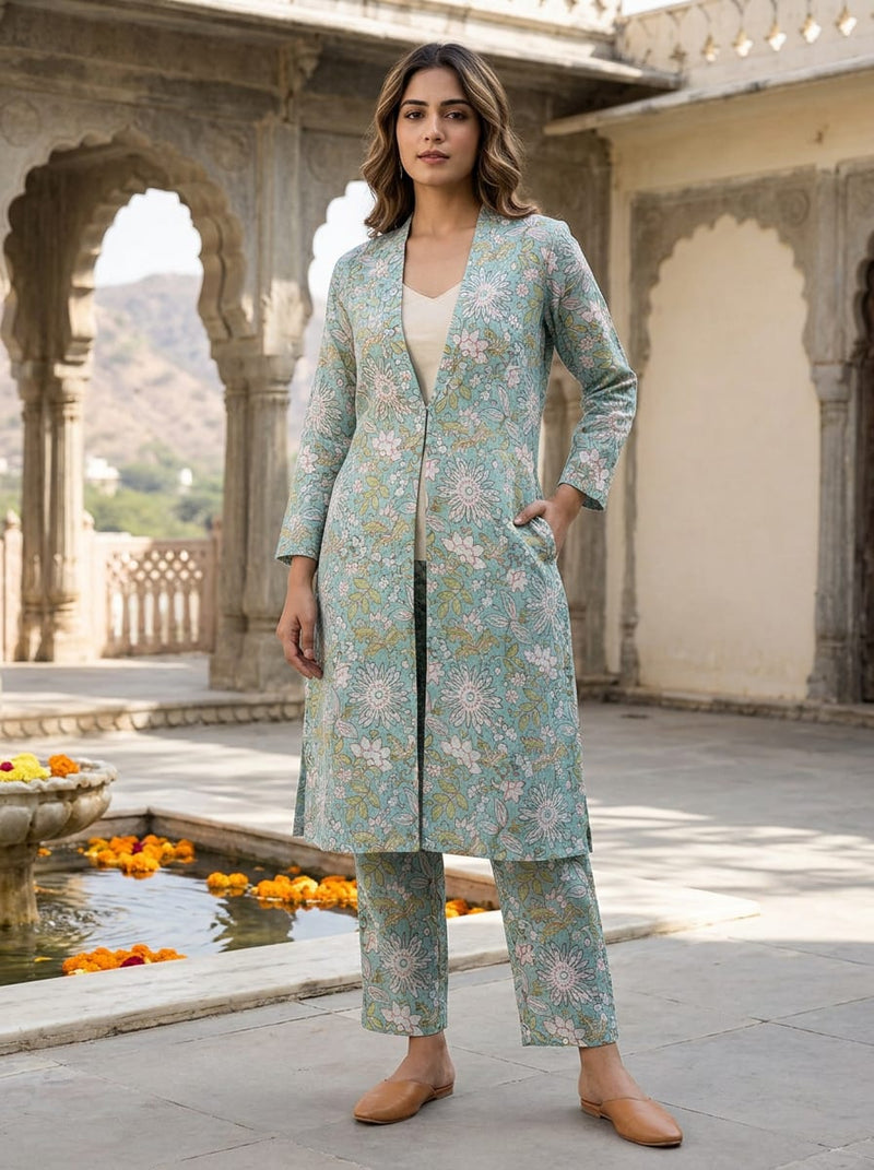 Teal Ethnic Floral Jaal Linen Digital Printed Fabric