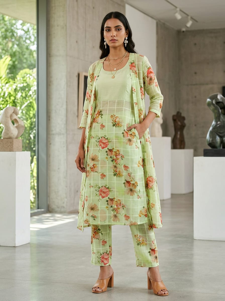 Multicolor Watercolor Floral on Checkered Green Linen Digital Printed Fabric