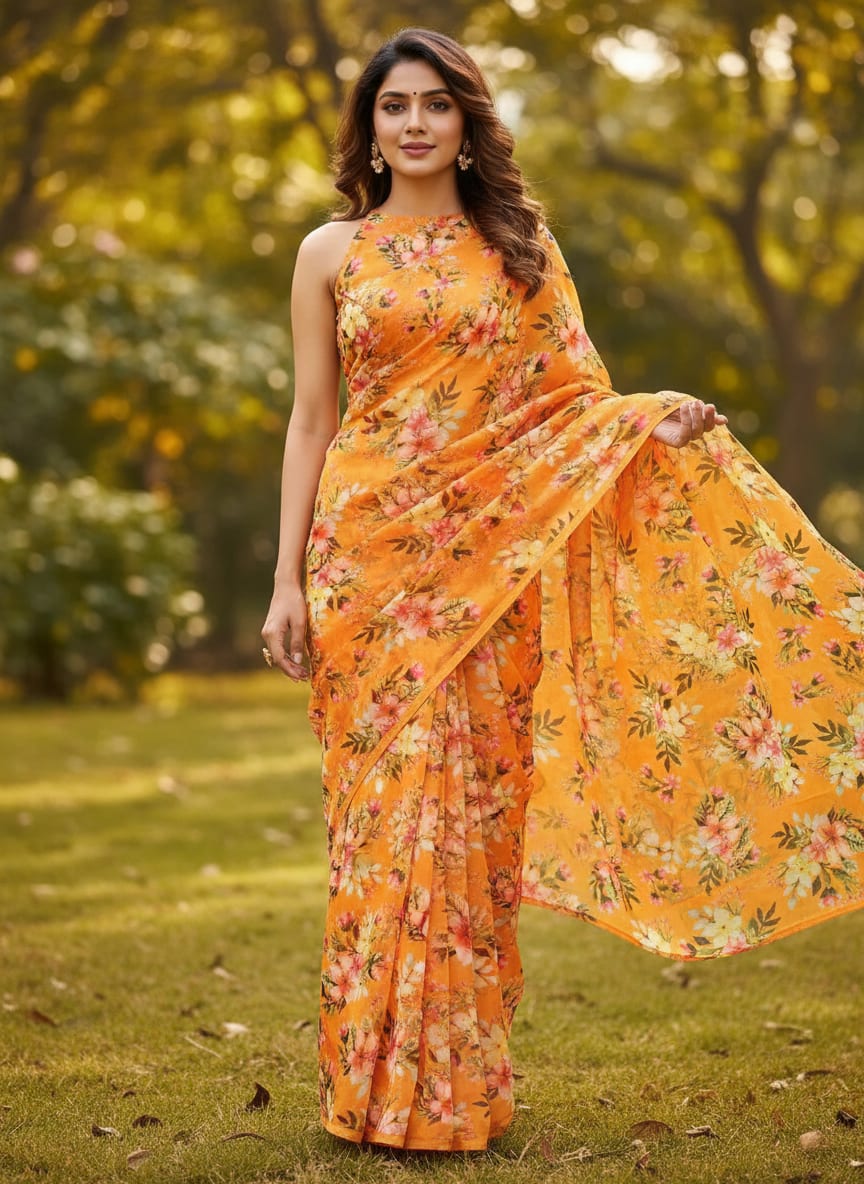 Gorgeous Organza Fabric Material With Vibrant Floral Print in Yellow