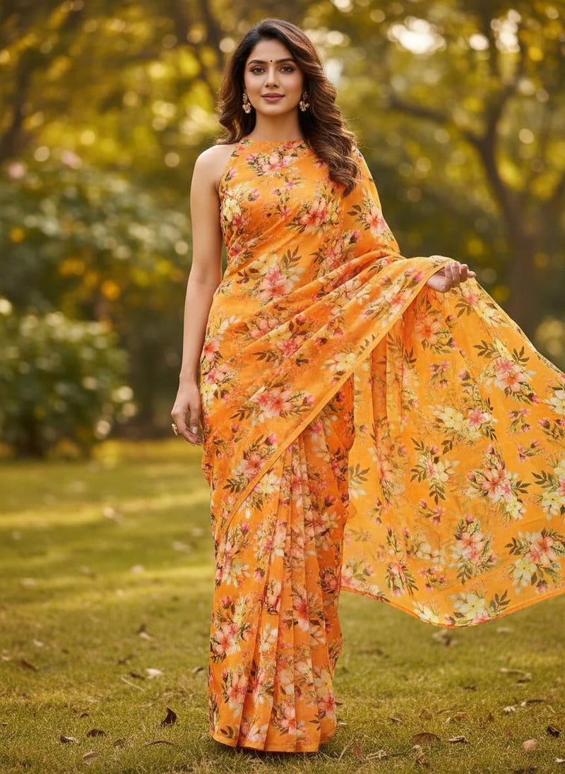 Gorgeous Organza Fabric Material With Vibrant Floral Print in Yellow
