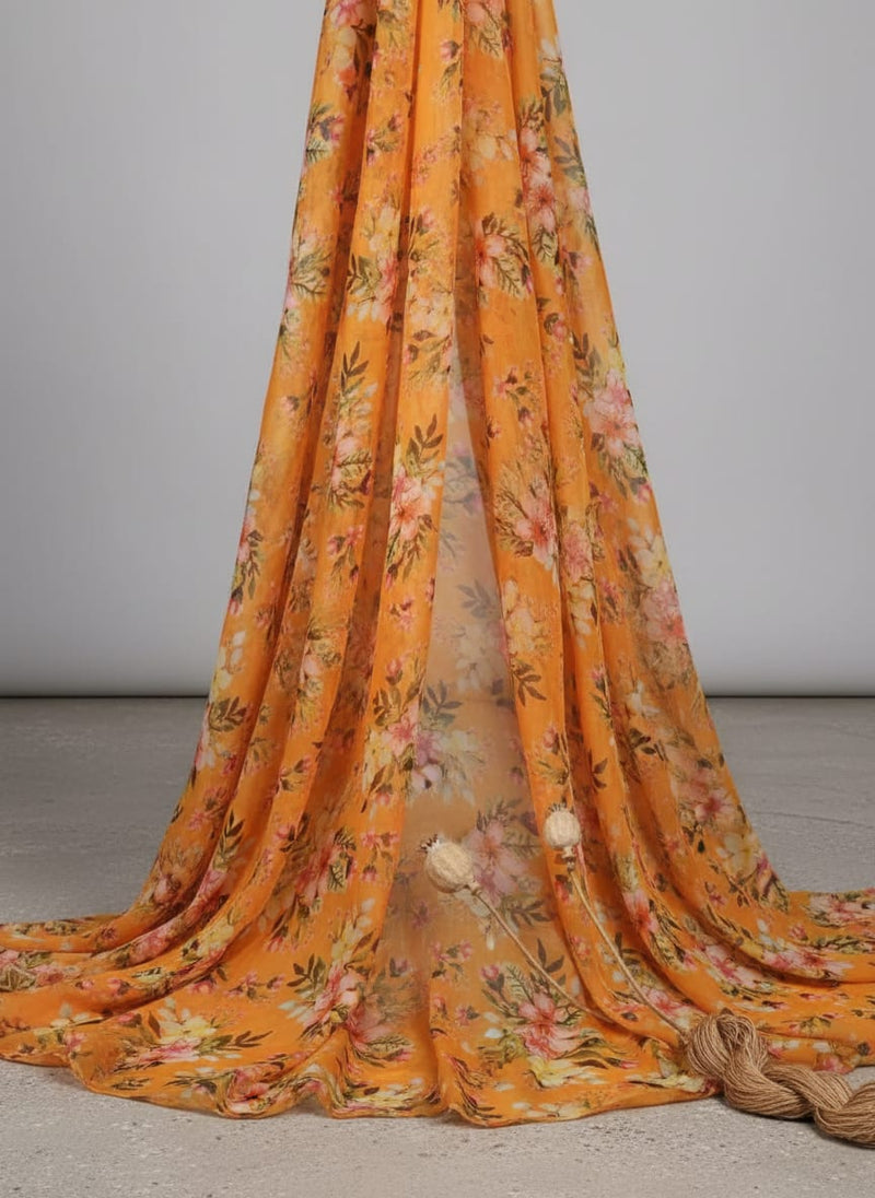 Gorgeous Organza Fabric Material With Vibrant Floral Print in Yellow