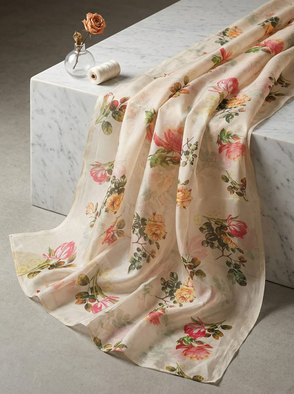 Cream Vintage Botanical Rose Print Organza Digital Printed Fabric - Fabric Editorial Studio Flatlay Lookbook - OR-0-TA07704-110