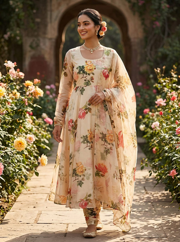 Cream Vintage Botanical Rose Print Organza Digital Printed Fabric - Anarkali Kurta Set Lookbook - OR-0-TA07704-110 - alternate view