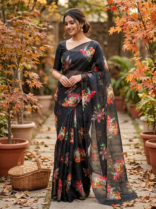 Multicolor Autumnal Leaves Floral Print Organza Digital Printed Fabric - Saree Lookbook - OR-0-TA09589-110 - alternate view