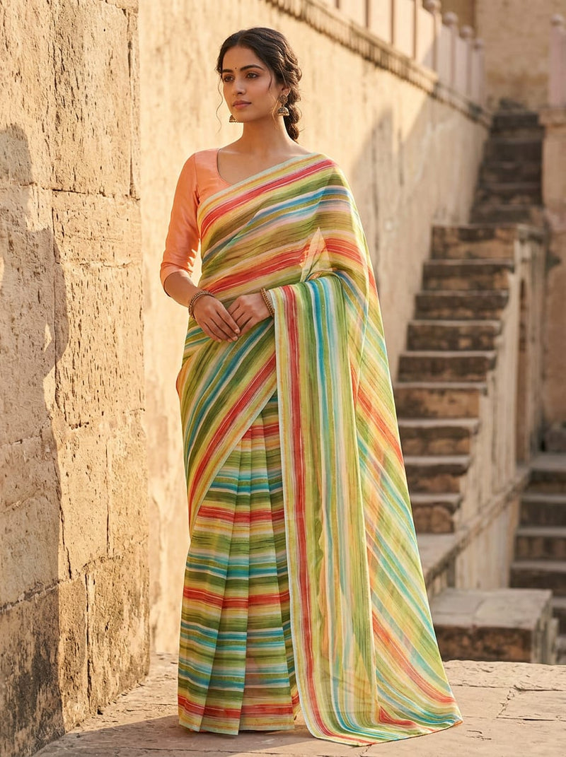 Multicolor Abstract Painterly Stripes Organza Digital Printed Fabric