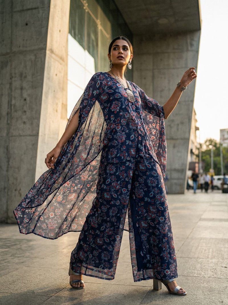 Navy Red Ethnic Floral Jaal Kota Doria Digital Printed Fabric