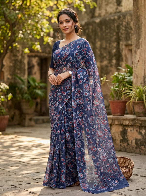 Navy Red Ethnic Floral Jaal Kota Doria Digital Printed Fabric - Saree Lookbook - KD-0-MA017051-110 - alternate view