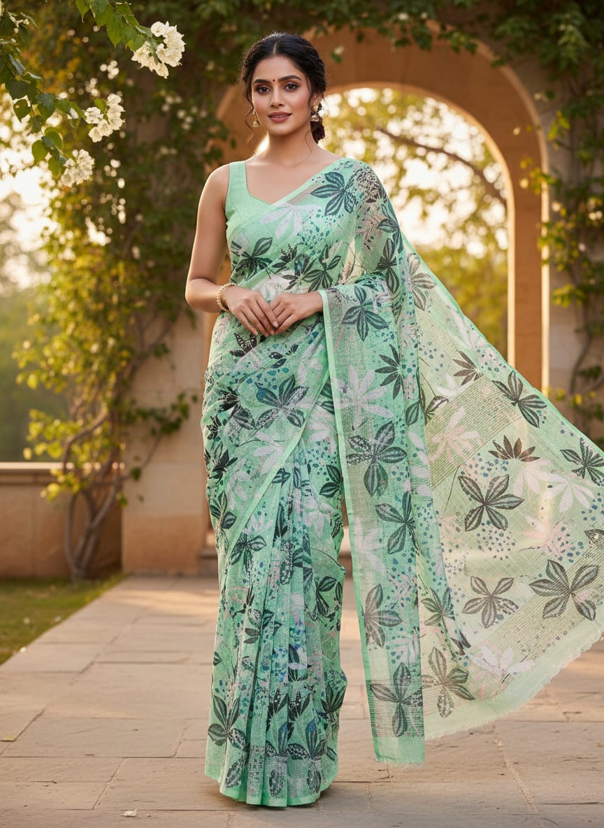Gorgeous Floral and Leaves Printed Kota Doria Fabric Material