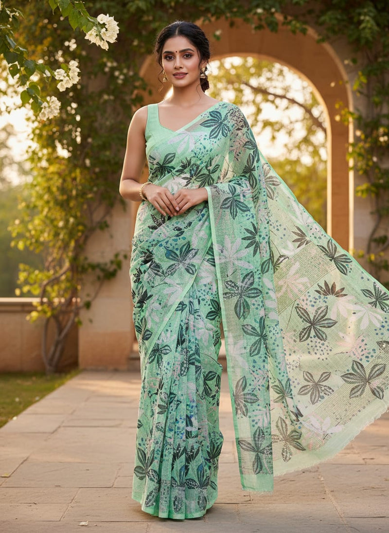 Gorgeous Floral and Leaves Printed Kota Doria Fabric Material