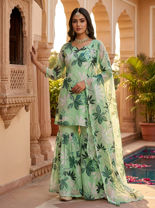 Green Abstract Botanical Leaf Print Kota Doria Digital Printed Fabric - Gharara Set Lookbook - KD-0-PA7230-110 - alternate view