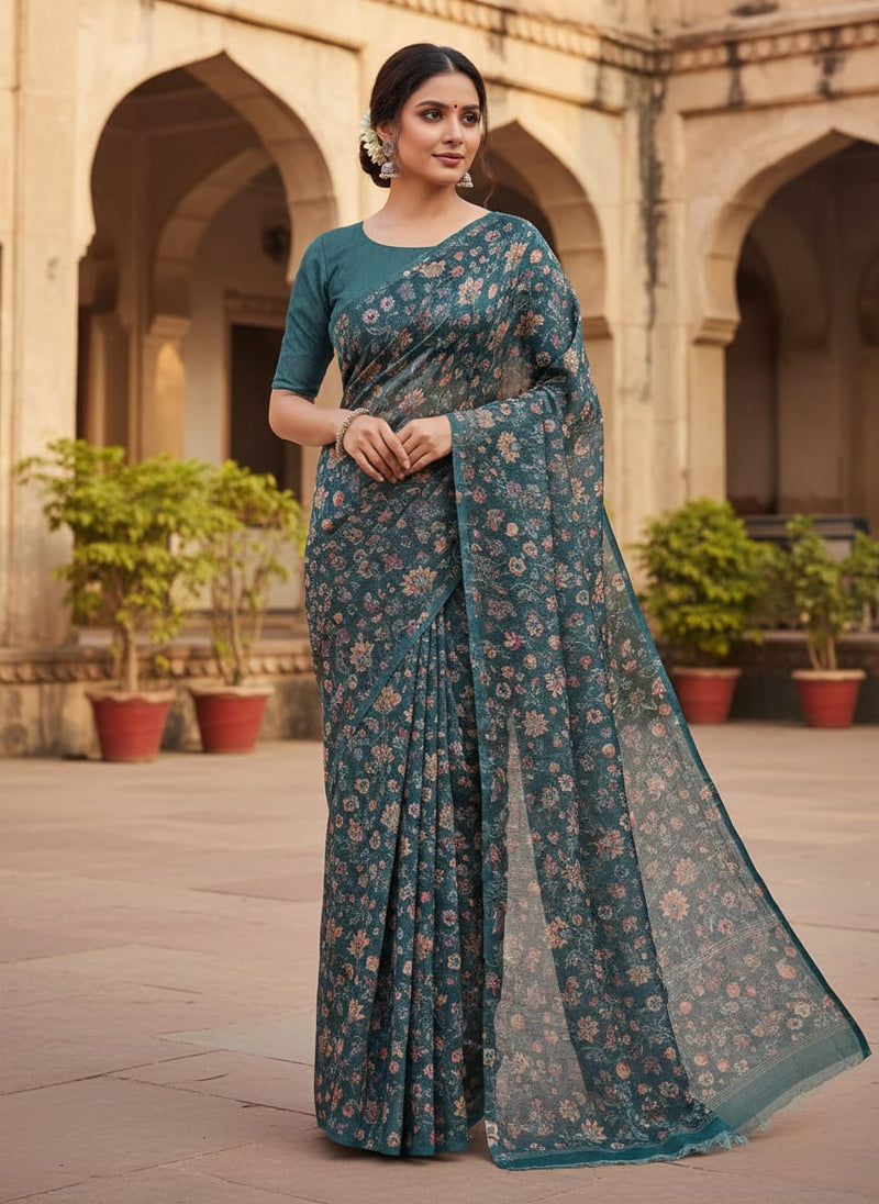 Floral Velly Kota Doria Printed Fabric Material