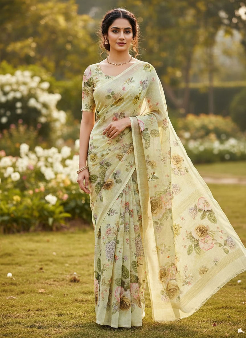 Gorgeous Floral Kota Doria Fabric Material in Vibrant Yellow Color