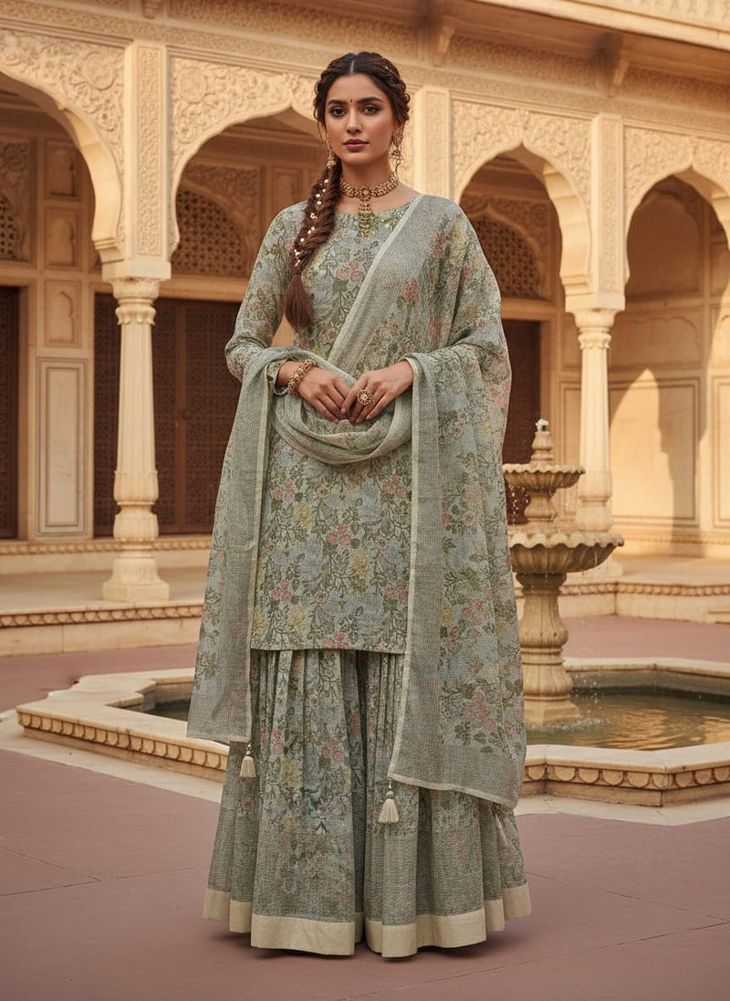 Classy Floral Velly Kota Doria Fabric Material with Decorative Leaves