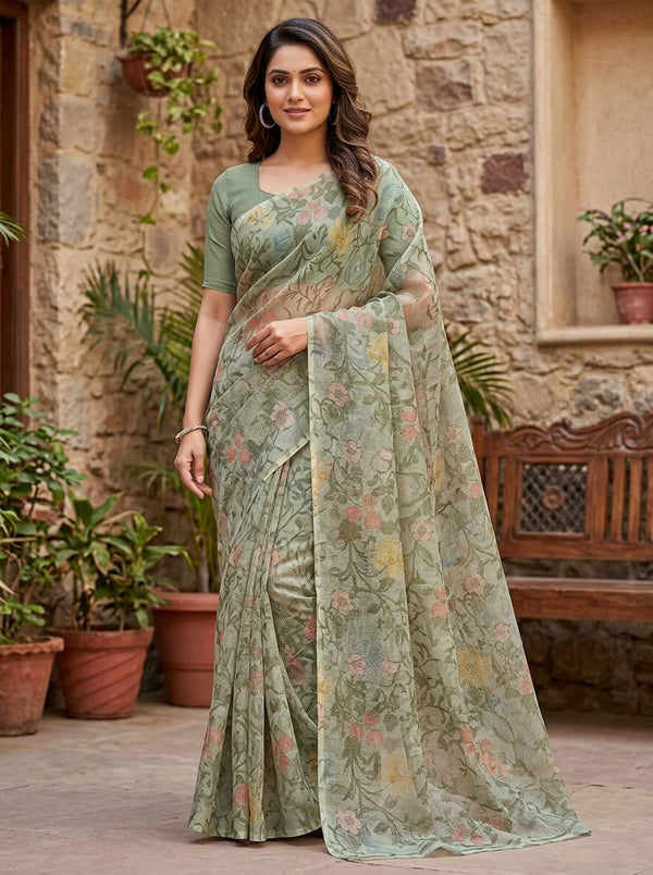 Multicolor Vintage Floral Botanical Kota Doria Digital Printed Fabric - Saree Lookbook - KD-0-PA7137-110 - alternate view