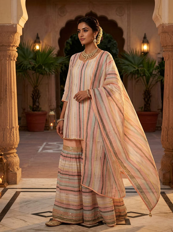 Multicolor Pastel Brushstroke Stripes Kota Doria Digital Printed Fabric - Gharara Set Lookbook - KD-0-PA10203-110 - alternate view