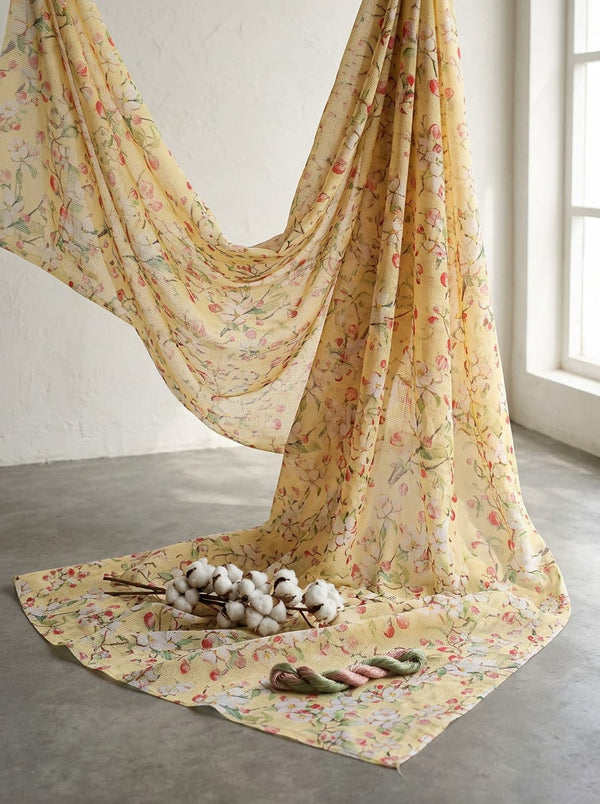 Yellow Apple Blossom Floral Kota Doria Digital Printed Fabric - Fabric Editorial Studio Flatlay Lookbook - KD-0-MA021313-110