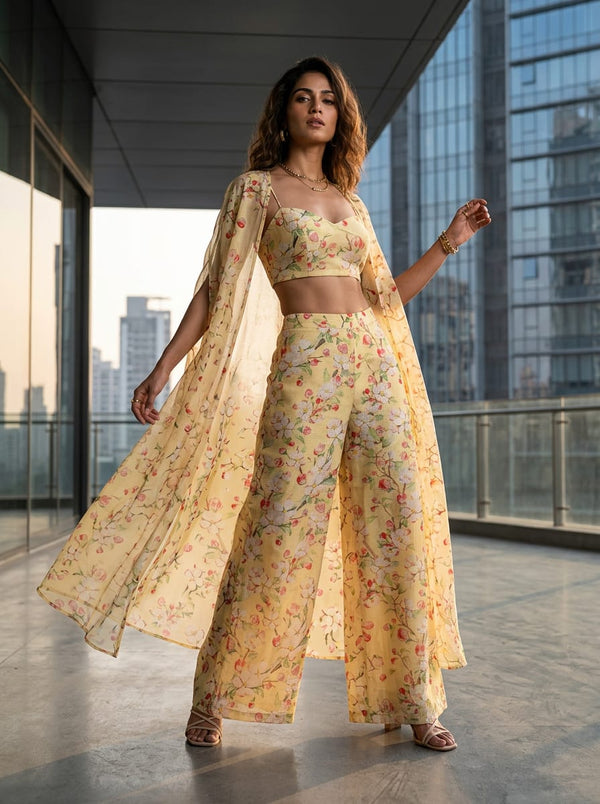Yellow Apple Blossom Floral Kota Doria Digital Printed Fabric - Cape with Palazzo Lookbook - KD-0-MA021313-110 - alternate view