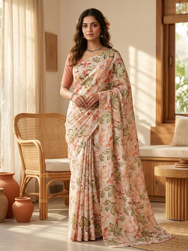 Multicolor Watercolor Botanical Leaves Tusser Silk Digital Printed Fabric - Saree Lookbook - TS-0-MA022820-110 - alternate view