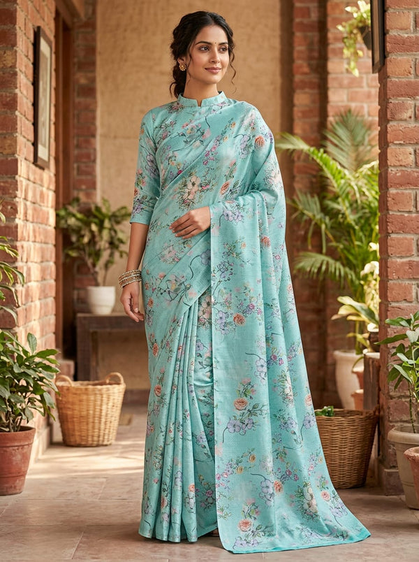 Blue Dainty Watercolor Floral Tusser Silk Digital Printed Fabric - Saree Lookbook - TS-0-MA022000-110 - alternate view