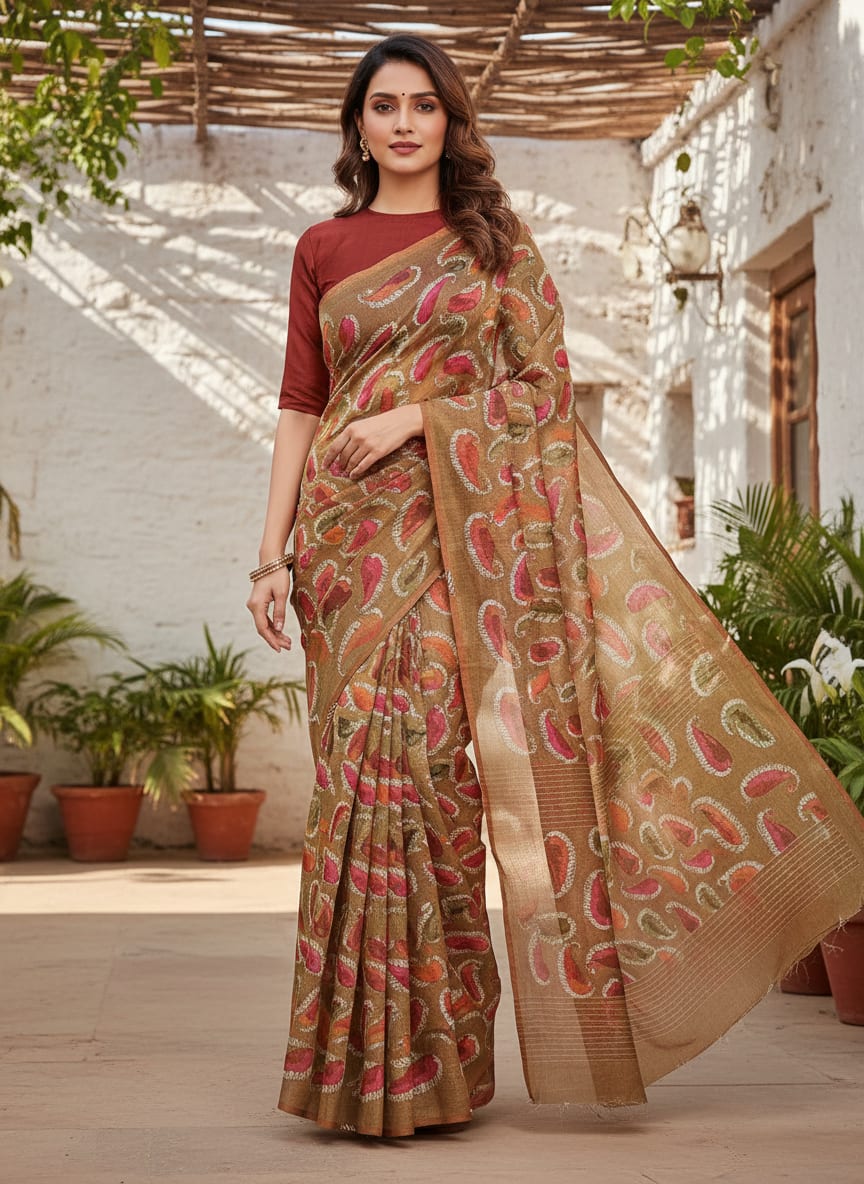 Tusser Silk Fabric Material with Colorful Paisley Print