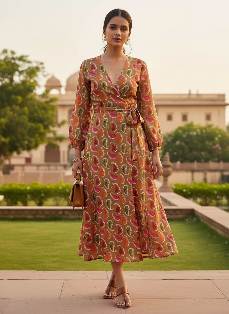 Tusser Silk Fabric Material with Colorful Paisley Print
