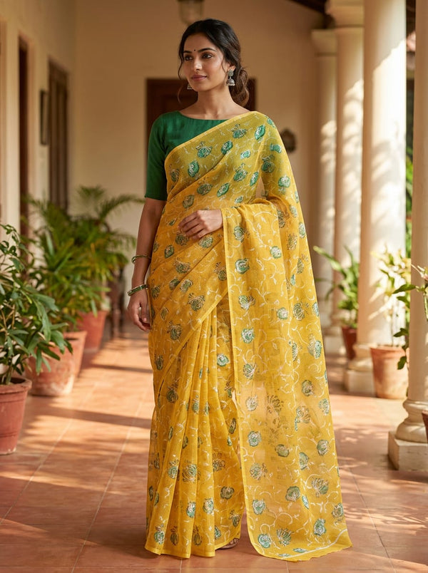 Yellow Ethnic Botanical Motif Print Kota Doria Digital Printed Fabric - Saree Lookbook - KD-0-MA022590-110 - alternate view