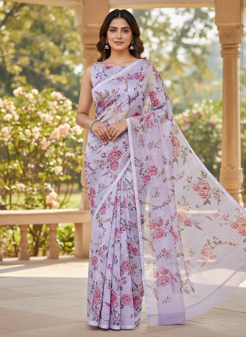 Gorgeous Pink Floral Velly Kota Doria Printed Fabric Material