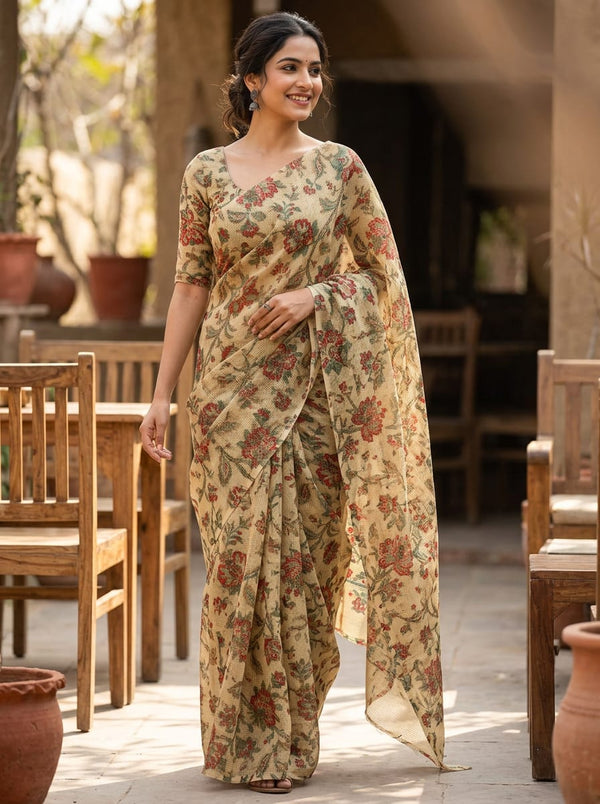 Cream Vintage Floral Paisley Jaal Kota Doria Digital Printed Fabric - Saree Lookbook - KD-0-MA021277-110 - alternate view