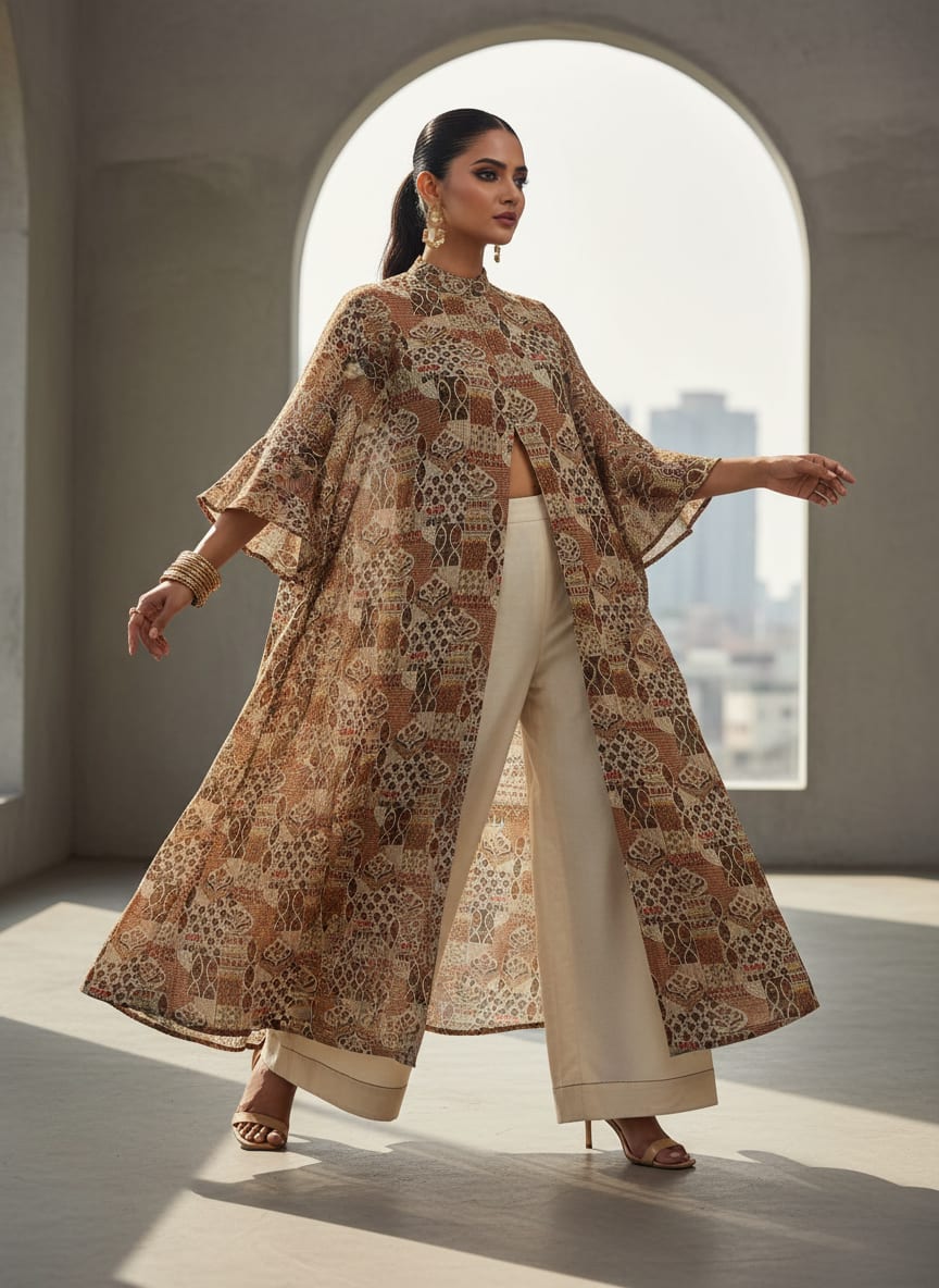 Gorgeous Geometric Printed Kota Doria Fabric in Cream and Brown