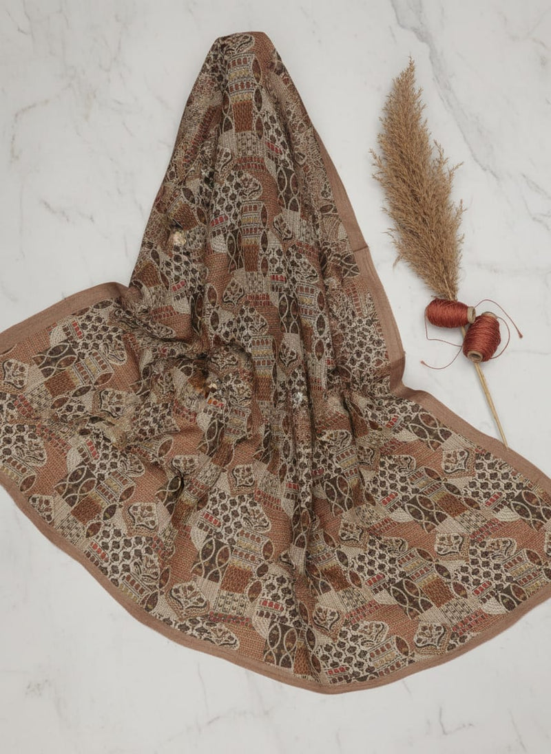 Gorgeous Geometric Printed Kota Doria Fabric in Cream and Brown
